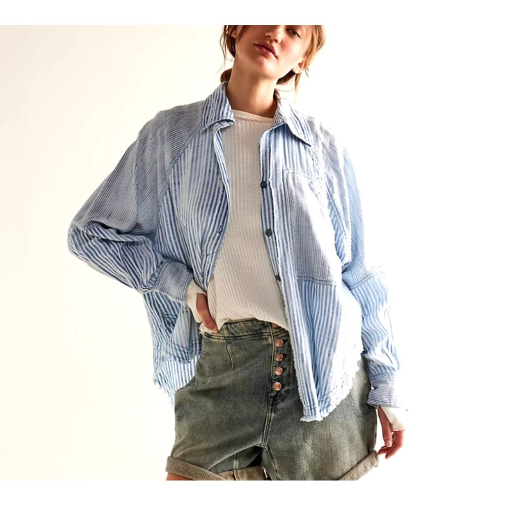 We The Free FP Indigo Skies Striped Shirt Size XS Oversized Slouchy Effortless